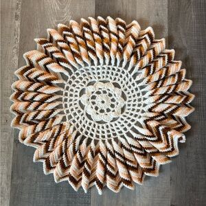 VTG Handmade XL Crochet Doily with Brown and Orange Accents